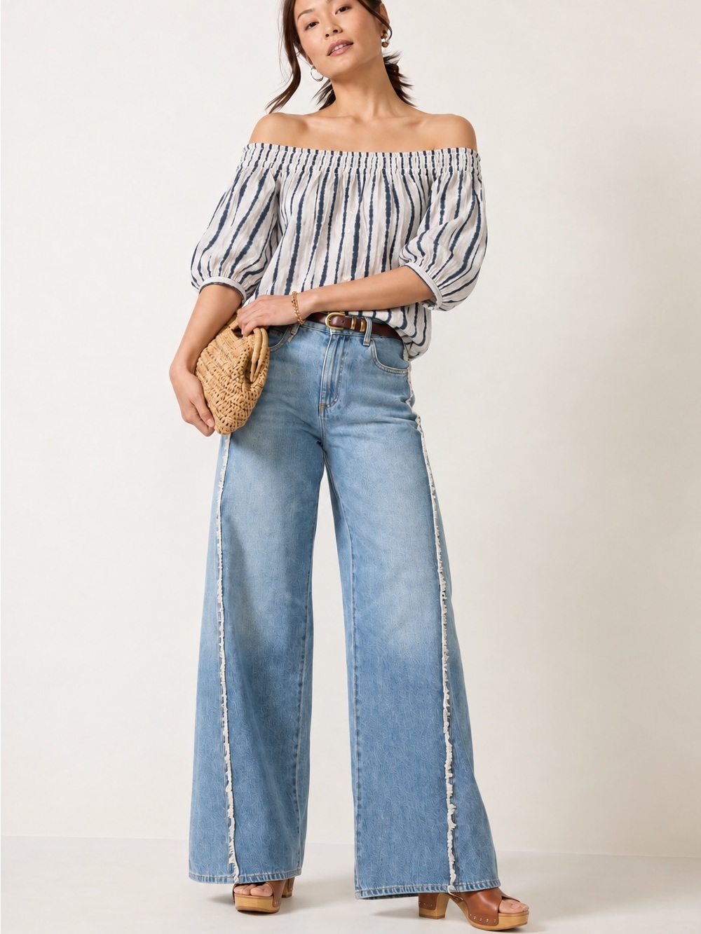Ralph Lauren Off-Shoulder Striped Blouse in White and Navy